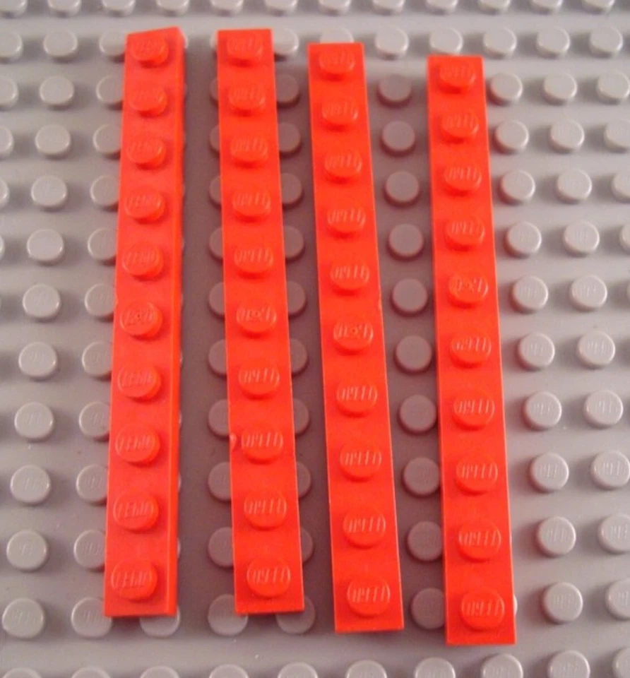 LEGO Lot of 4 Red 1x10 Flat Building Plate Pieces - Image 1 of 1
