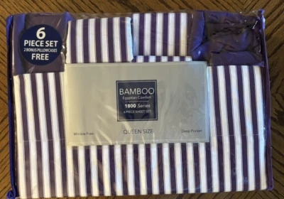 NEW BAMBOO Egyptian Comfort 1800 Series 6 Pc Queen Sheet Set Purple/White Stripe - Image 1 of 4
