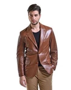 Blazer de cuero elegante formal nuevo hecho a mano marrón para hombre piel de cordero genuina de negocios - Imagen 1 de 5