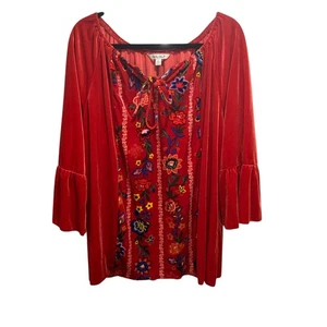 Top Pioneer donna stampato floreale contadino rosso velluto XXL buco della serratura cravatta davanti boho - Foto 1 di 7