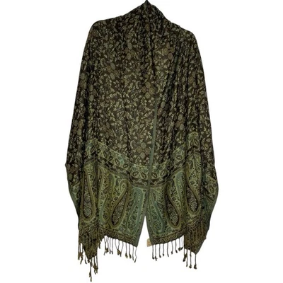 Paisley Shawl Wrap Scarf Chocolate Brown Green Blue Cashmere Blend 78x27 NWT  - Image 1 of 4
