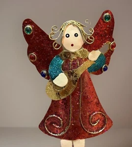 "Adorno de Navidad estilo arte popular de metal prensado ángel de colección tocar la guitarra 5""" - Imagen 1 de 4