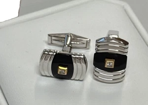 Dolan & Bullock Sterling Silver 925/14k Gold Framed 2mm Diamond Onyx CUFFLINKS - Picture 1 of 4