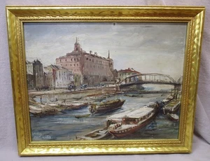 Pintura al óleo sobre madera de alrededor de 1920, paisaje urbano europeo con río y barcazas - como está - Imagen 1 de 7