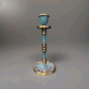 7 3/4 Inch Stunning Brass Blue-green Candlestick Made In Israel Hebrew - Picture 1 of 5