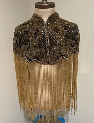Beaded Embroidery neckline collar shoulder shrug shawl appliqués fringe Lace - Image 1 of 4