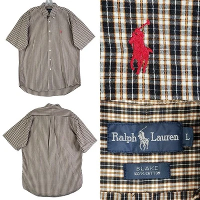 Camisa Polo Ralph Lauren Oxford Para Hombre Talla Grande SS Negro Marrón A Cuadros Abotonada Foto 1 de 4