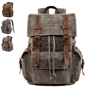 Vintage Water Resistant Waxed Canvas Flap Drawstring Backpack Day Travel Hiking - Picture 1 of 16