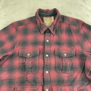 Eddie Bauer Wool Shirt Jacket Men Large Ox Blood Plaid Barn Chore Mackinaw Loden - Picture 1 of 13