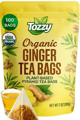 TOZZY Organic Ginger Tea Bags - 100 Count (Plant-Based Pyramid Tea Bags)