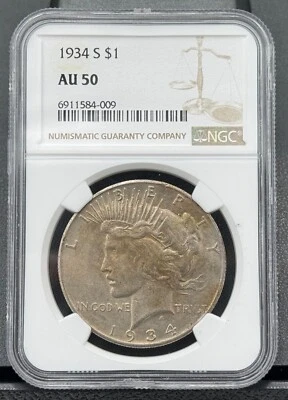 1934 S Peace Silver Dollar $1 PCGS AU 50, Nice Low Mintage Semi-Key Date - Image 1 of 4