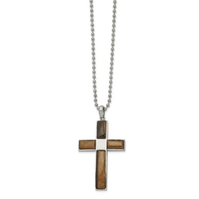 Stainless Steel Polished with Tiger's Eye 22in Cross Necklace - Image 1 of 2