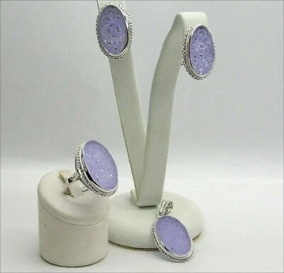 PARURE  ARGENTO 925  GIADA VIOLA OVALE ORECCHINI CIONDOLO  E ANELLO  - AGFR 06 - - Immagine 1 di 3
