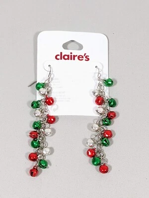 Claires Silver Tone Christmas Red Green Bell Charm Dangle Hook Earrings - Image 1 of 4
