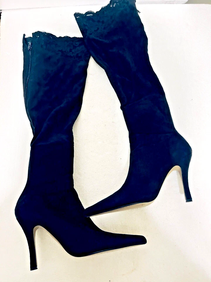 女式蕾丝过膝高筒靴高跟鞋麂皮绒鞋 7 码 — 第 1/4 张图片