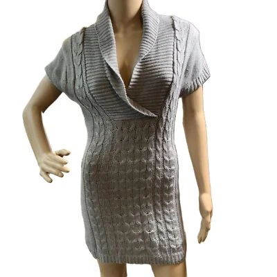 Vestido Suéter Bongo Gris Manga Corta Capucha Cuello Tejido con Cable Talla Lg Preppy Academia Foto 1 de 4