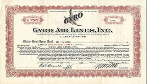 ARIZONA 1934, Gyro Air Lines Stock Certificate Early Air Airplane Transport - Picture 1 of 2