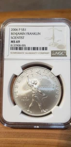 2006-P Benjamin Franklin Scientist Commemorative Silver Dollar NGC MS69 - Picture 1 of 4