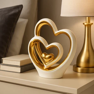 White & Gold Heart Ornament – Modern Ceramic Sculpture Statue | Romantic Gift - Picture 1 of 7