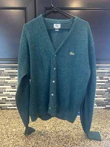 VINTAGE Izod Lacoste Cardigan Sweater Mens Large Green Gator 100% Orlon Acrylic - Picture 1 of 7