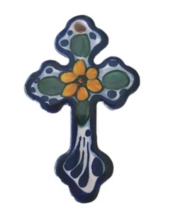 Ton Kreuz mexikanische Keramik Ornament Anhänger Dekoration Fliese 3,5" x 2" - Bild 1 von 2