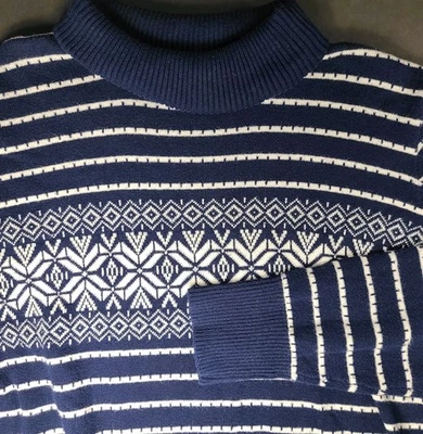 L.L. Bean Men's Cotton Cashmere Sweater XL Blue White Fair Isle Stripe Crewneck - Image 1 of 4