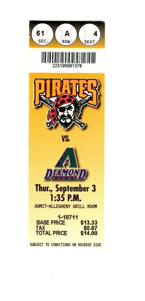 Sep 3 1998 Arizona Diamondbacks @ Pittsburgh Pirates Ticket 1-0 Pitchers Duel! - Image 1 of 1