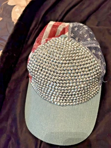 American Flag Hat Women’s Denim Rhinestone Patriotic Baseball Cap - Picture 1 of 3