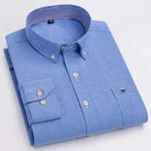 Men's 100% Cotton Shirt Long Sleeve Plaid Oxford Casual Solid Color Print - Picture 1 of 25