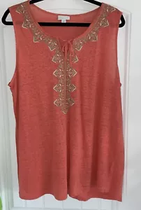 J. Jill Love Linen Tank Blouse Womens Sz L Coral Pink Embroidered 100% Linen EUC - Picture 1 of 7