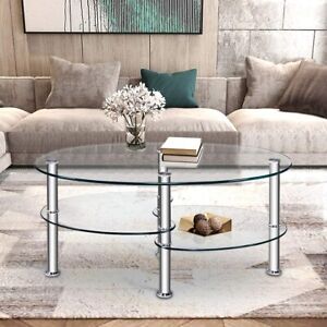 Modern 2-Tier Glass Coffee Table Living Room with Storage Shelves Tea Table Home