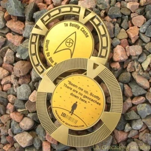 Beam Me Up, No Geocaches! Geomedal Geocoin (2.5", Ant. Gold Color, Trek Theme) - Picture 1 of 9