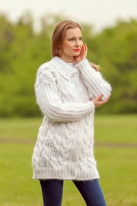 Weißer Mohairpullover Cardigan Fuzzy Cable Jacke Handstrick Soft Coat SuperTanya - Bild 1 von 6
