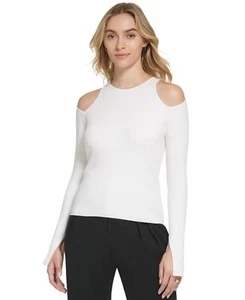 Calvin Klein X-Fit Cutout Sweater Women's XL Cream Solid Round Neck Long Sleeve - Picture 1 of 16