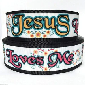 GROSGRAIN RIBBON 5/8", 7/8", 1.5" & 3" Jesus Loves Me Religious Faith Printed - Picture 1 of 1