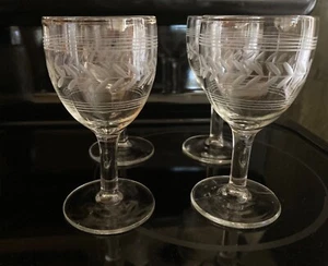 VTG CLEAR ETCHED SMALL PORT WINE GLASS SET 4 LAUREL PATTERN STEMWARE ART DECO 4” - Picture 1 of 24