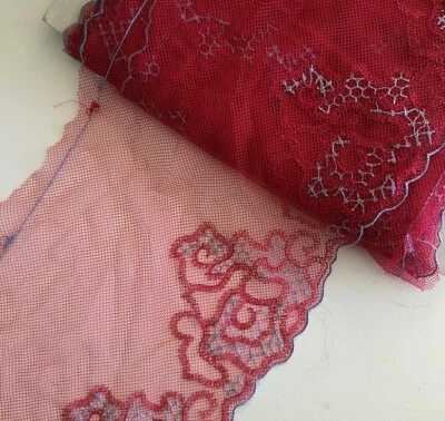 6.5 Yards 7" wide Red Tulle Mesh Lace with Embroidered Grey Flower  xh047 - Image 1 of 2