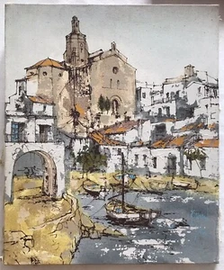 Tableau Ancien Huile Bernard Dufour (1922-2016) Paysage Marin Bateaux Ville - Imagen 1 de 16