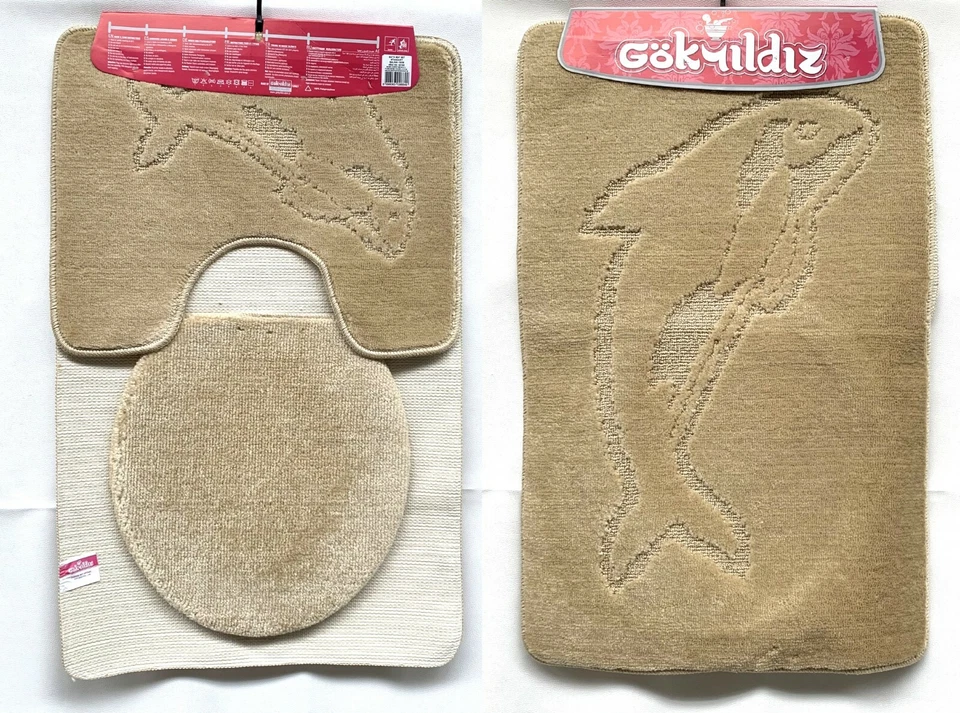 BADGARNITUR 3-TEILIG BADMATTE BAD BADTEPPICH BADVORLEGER 85-55  hellbraun MIT - Bild 1 von 1