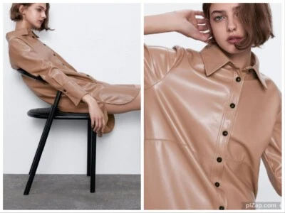 Zara faux leather camel shirt  dress bloggers favorite READ NEW 2969/059 S - Image 1 of 4