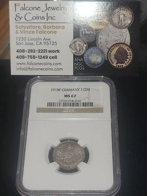 1918 F GERMANY 1/2 Mark....NGC high grade MS 67 - Image 1 of 4