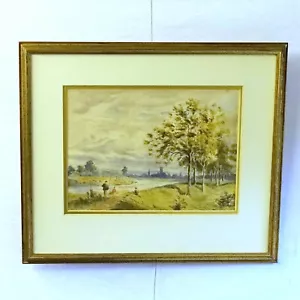 Fishermen river original antique watercolour painting framed art English School - Picture 1 of 3