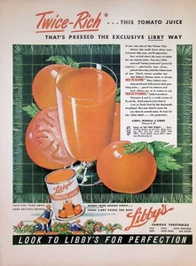 VINTAGE 1940s Print Ad ~ Libby's Tomato Juice ~ Look To Libby's For Perfection - Picture 1 of 1