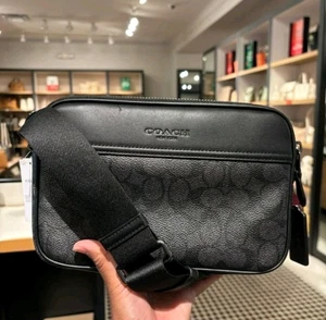 Bandolera Coach CV921 para hombre Graham firma lona y cuero negro carbón nueva con etiquetas - Imagen 1 de 3