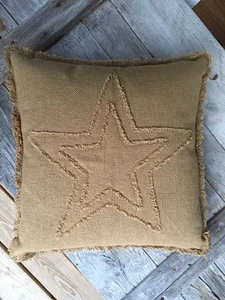 Prim Cottage Country Burlap Natural Star Fringed Pillow Cover 16x16 - Picture 1 of 3