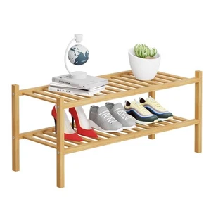 2 Tier Bamboo Shoe Rack Storage Organizer for Closet Multifunctional Stackable - Picture 1 of 8
