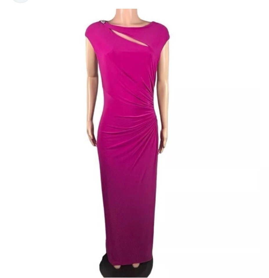 Lauren Ralph L. Women's Evening Gown Sz 10 Magenta Ruched Maxi Cutout, Elegant - Image 1 of 4
