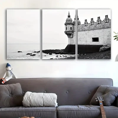 3pcs Black White Coastal Lighthouse Nautical Wall Art Set Canvas Framed 50x70cm - Image 1 of 2
