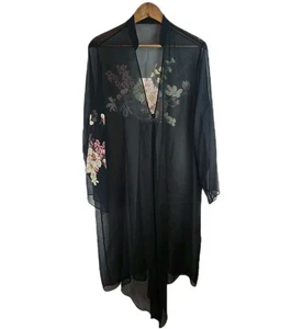 Harari Womens XL Black Floral Print Kimono Cardigan 100% Silk - Picture 1 of 8