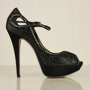 LORIBLU Nero Diamante Mary Jane Punta aperta Tacco a spillo Platform Corti UK6 EU39 - Foto 1 di 17